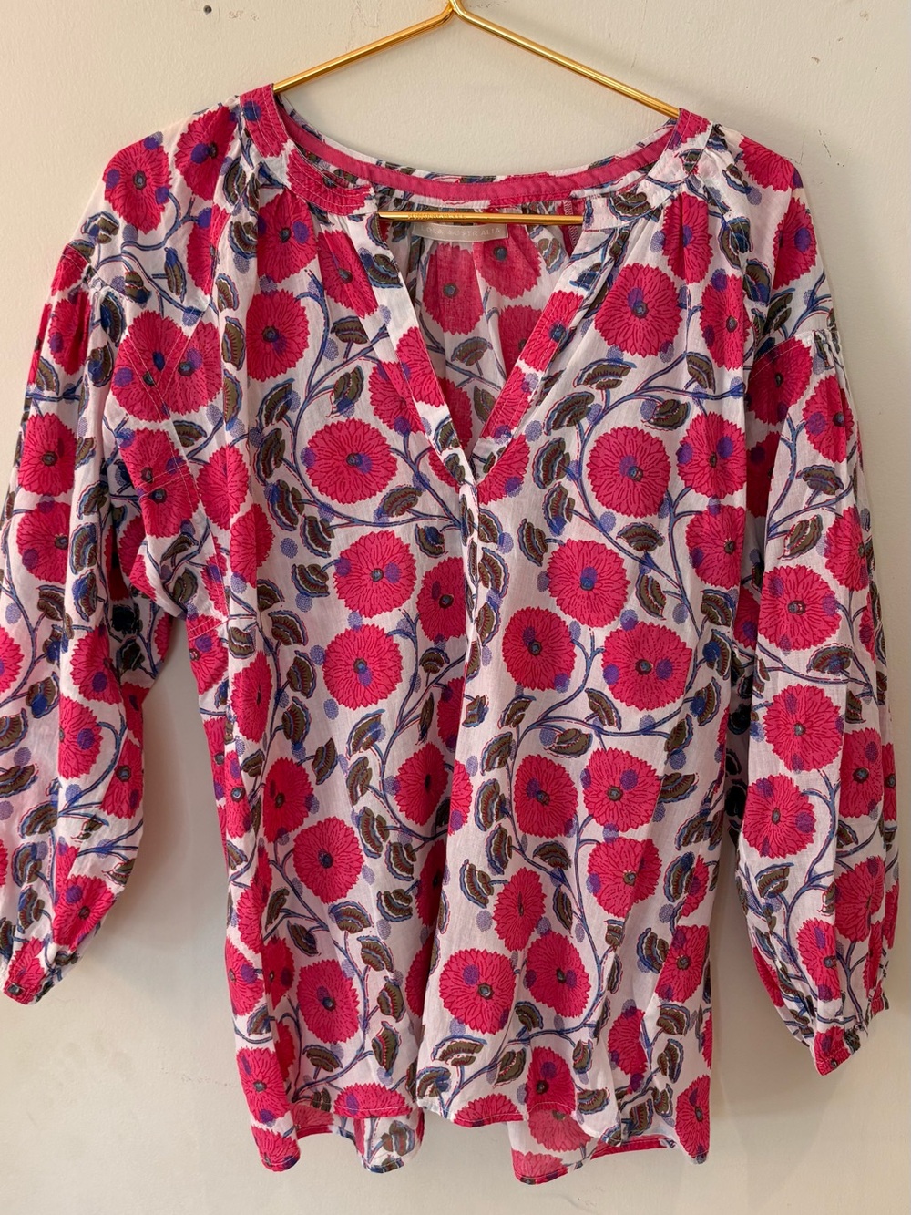 Block Print Pink Floral V-Neck Lightweight Cotton Tunic Top